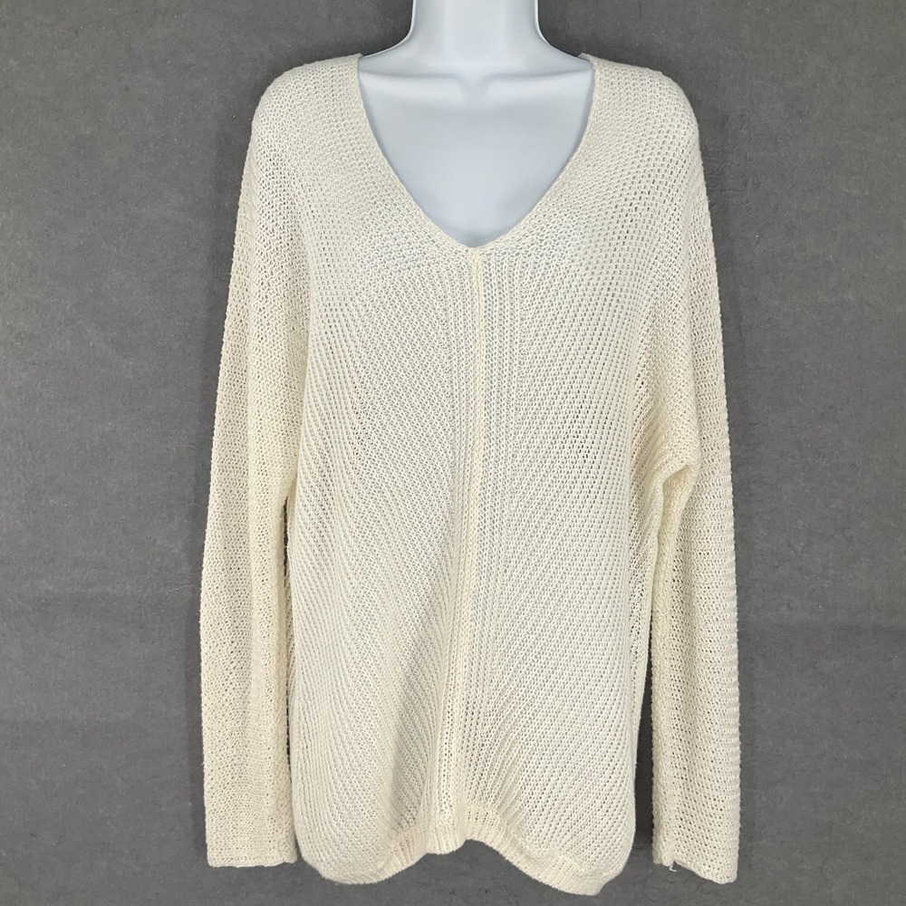 Vince Sweater Womens Sz M 100% Linen Open Knit V Neck Cream Oversized Quiet Lux